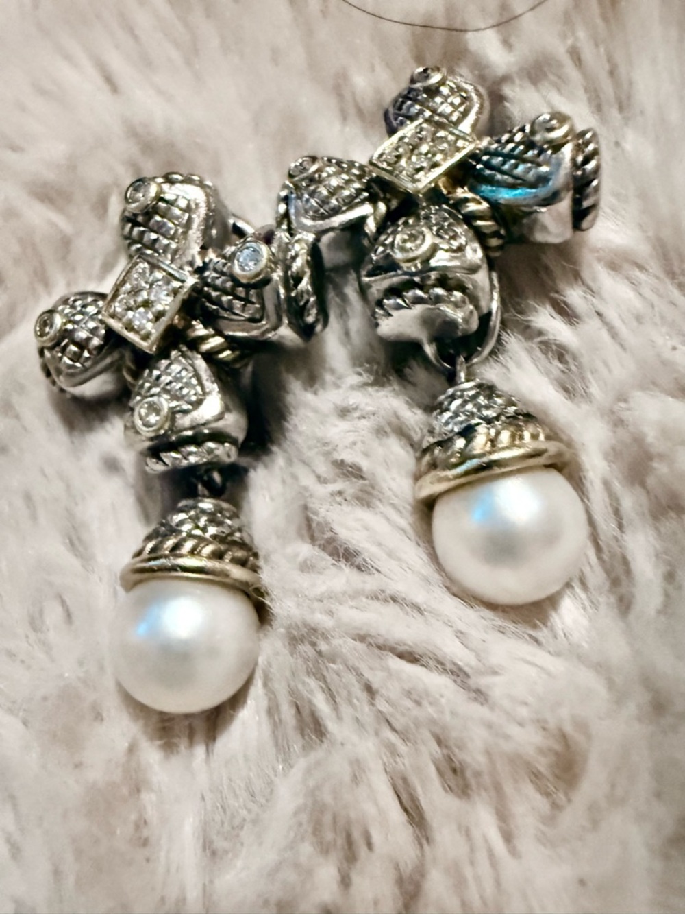 Sterling Silver Pearl Drop Cross Earrings - White Pearl